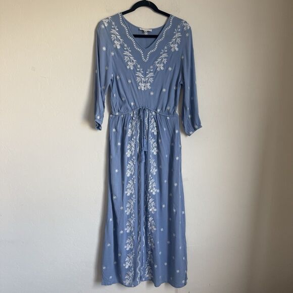 Ivy City Co Dresses & Skirts - Ivy City Co Blue Floral Embroidered Crepe Maxi Dress Med Cottagecore Modest Boho
